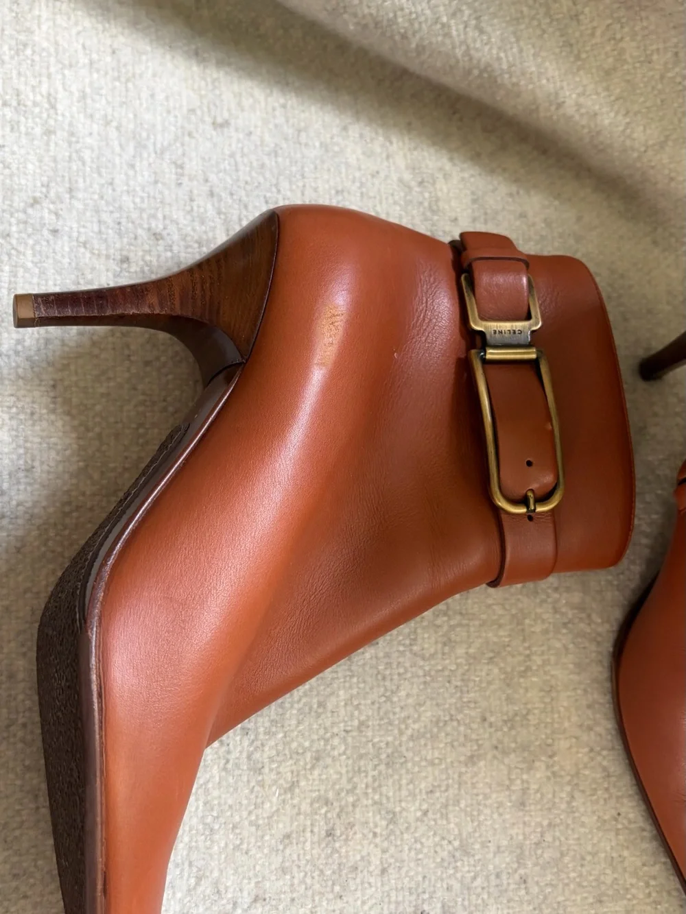 Celine Cognac Leather Pointed Ankle Booties with Buckle